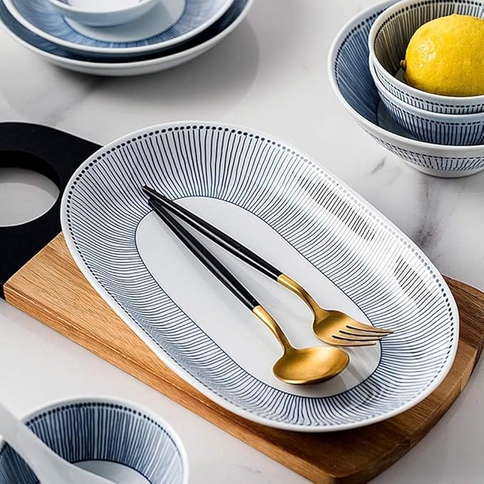 Elegant Fine Dinnerware Set,White Porcelain Dinnerware Set with Blue Line Stripes, Ceramic Plates and Bowls Sets, Unique Dish Set for Parties or Everyday Use,Service,