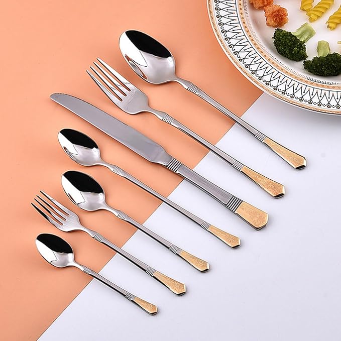 Deluxe 84 Piece Gold Silverware Set for 4 Stainless Steel Flatware Set with Knife/Fork/Spoon,Cutlery Set for Home and Kitchen,Utensil Set with Dishwasher Safe，Gift Package for Wedding Housewarming