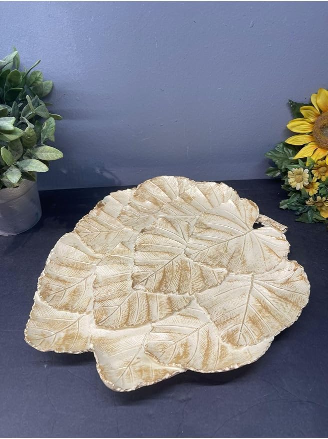 Leaf Serving Tray Decorative Polyester Silver Black Antique Finish, Abstract Home Decor, Tabletop Ornament, One Size - Cream Gold Antique Finish, One Size