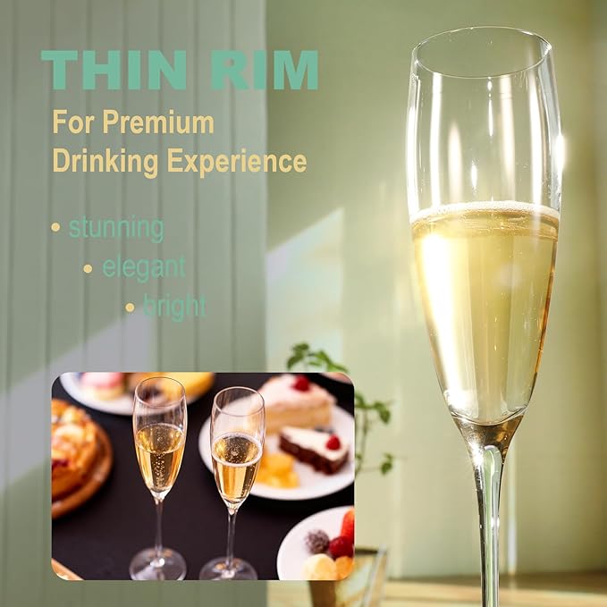 Champagne Flutes Set of 4, 8 oz, Hand Blown Lead-Free Premium Crystal Champagne Glasses, mint green Thread with Stem,Thin Rim, -Daily Use,Unique Wedding Anniversary or Birthday Gift,Party