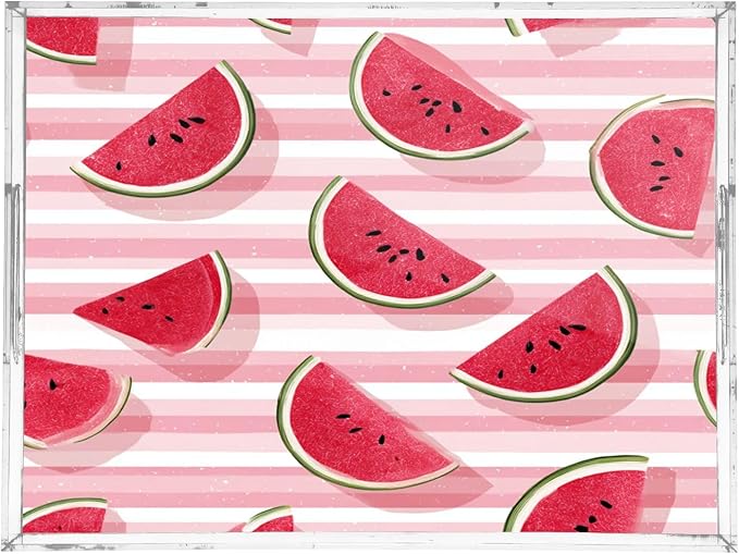 Serving Tray with Handles Clear Acrylic Tray 12x16 Inch Decorative Rectangular Tray Organizer for Ottoman Coffee Table Bathroom Pink and White Striped Juicy Watermelon Slices