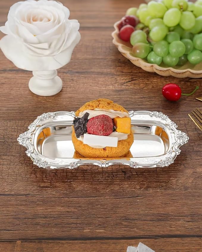 3PCS 8in Vintage Serving Trays Set Decorative Tray Metal Tableware Platters for Cookies Desserts Party Food Display (Silver)