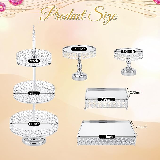 Tioncy 7 Pcs Cake Stand Set with Crystal Beaded Mirror Metal Dessert Table Display Stands for Dessert Table Cupcake Holder for Birthday Party Wedding Festival (Silver)