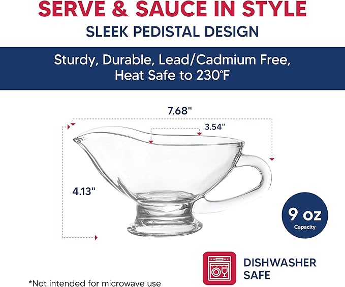 HIC Kitchen Glass Gravy Boat, 9-Ounce Capacity With Dripless Spout And Comfortable Handle For Gravy, Sauce, Au Jus, Dressing, Holiday Meals, And Entertaining