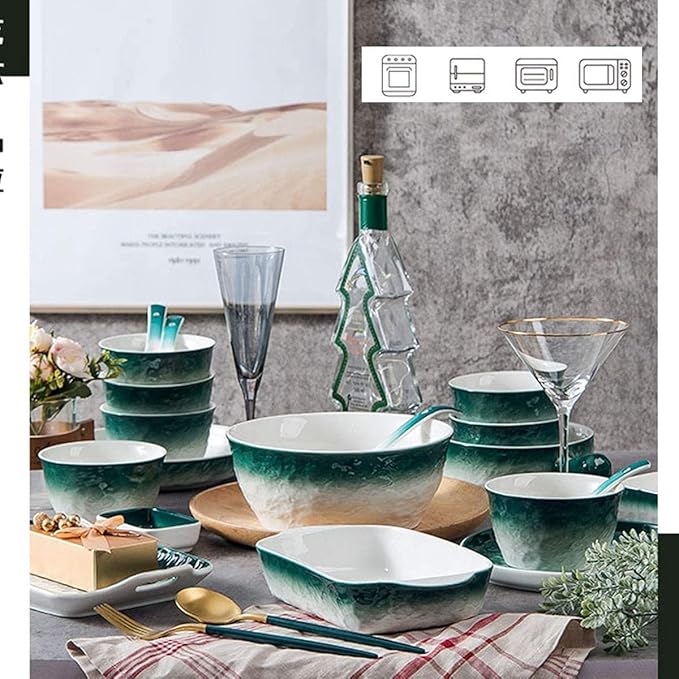 Dinnerware Set Dinner Party Tableware Service Set 51pcs of Nordic Bone China Dinner Bowl Set Porcelain Bowl and Plate White Green Stone Texture High-end Ceramic Bowl and,