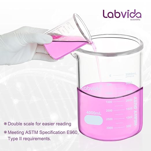 Heavy Duty Glass Beakers Vol.4000ml (135.3oz) thick-walled, 3.3 Boro Griffin Low Form with Double Scale Printed Graduation for Laboratories, Industries, Schools and Home use, LVAC016