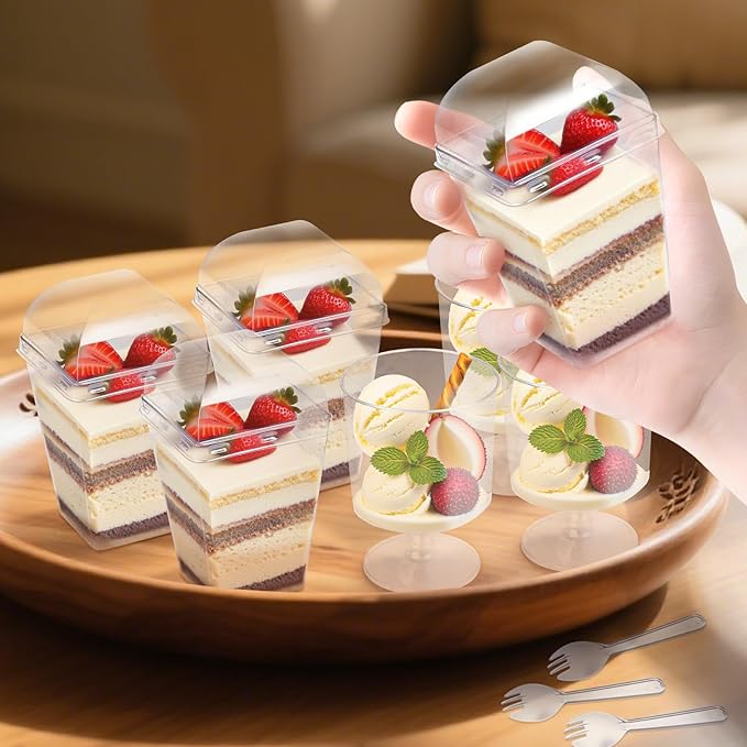 5 oz Dessert Cups with Lids and Spoons, 250 Pack Mini Transparent Appetizer Cups, Square Dessert Shooters Round Goblet Cups for Parfait Fruit Ice Cream Cake