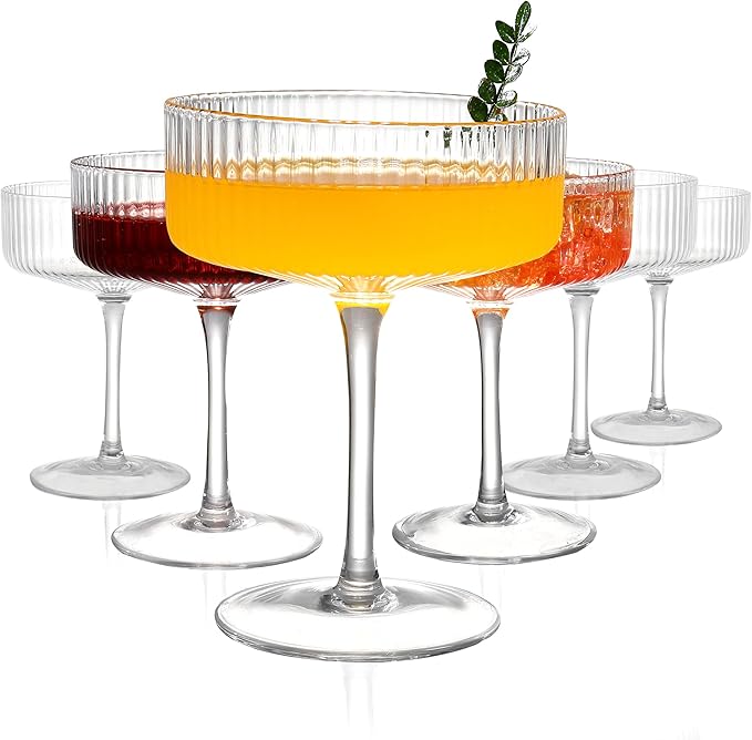 FERAHI 6 Pcs Ribbed Coupe Glasses, 10 oz Vintage Martini Glasses Set, Cute Espresso Martini Glass & Champagne Coupe Glass, Elegant Bar Glassware for Cocktails, Wine, Outdoor Entertaining & Gifts