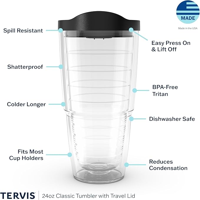 Tervis Clear & Colorful Lidded Made in USA Double Walled Insulated Tumbler Travel Cup Keeps Drinks Cold & Hot, 24oz, White Lid
