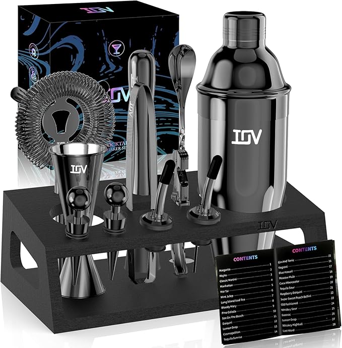 IOV Mixology Bartender Kit With Stand | 12-Piece Cocktail Shaker Set | 24oz Martini Shaker Set For Drink Mixing | Bar Set Includes All Bar Tools And Recipe Booklet | Fun Housewarming Gift (Black)