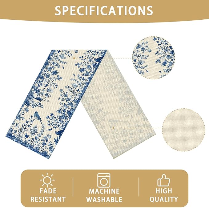 Blue Floral Birds Table Runner Seasonal Spring Kitchen Dining Linen Table Decoration for Indoor Outdoor Home Party Decor 13 x 72 Inch
