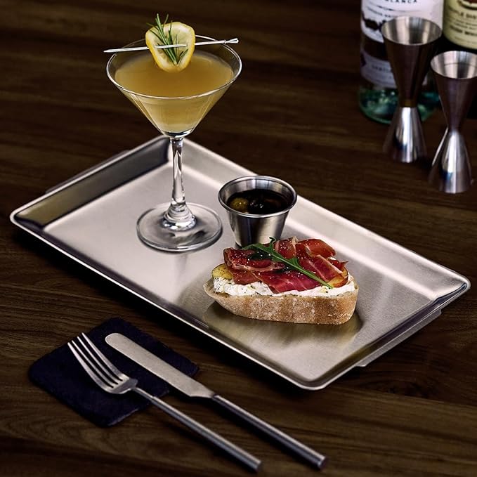 SUS304 Stainless Steel Serving Platters, Rectangle Metal Dinner Plate with Handles, Decorative Tray, Lightweight, Cheese Board, Oven Safe (10.43 x 5.91 inches)