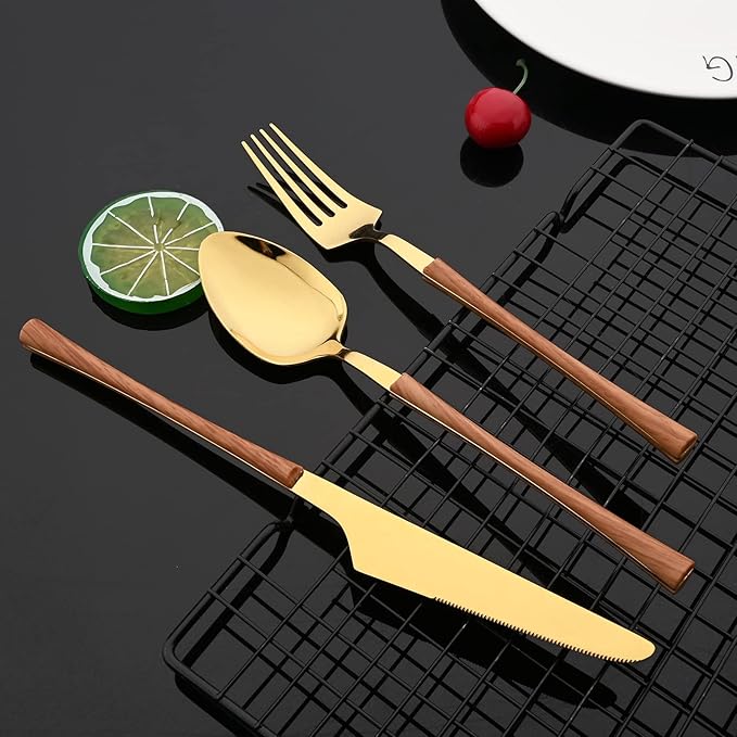 JASHII 30pcs Stainless Steel Imitation Wood Handle Cutlery Flatware Set,Tableware Knife Cake Fork Spoons Dinnerware Set Party Kitchen Silverware for 6, Mirror Polished - Brown&Gold