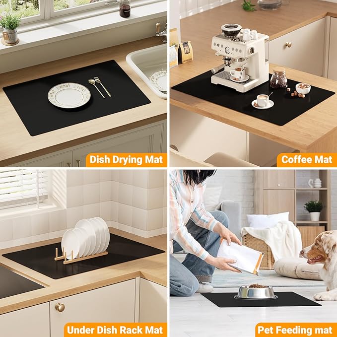 Silicone Counter Mat 40x60cm 2 Pack - High-Temp Resistant, Non-Slip Waterproof Pad for Kitchen Countertops, Sink & Stove (Black)