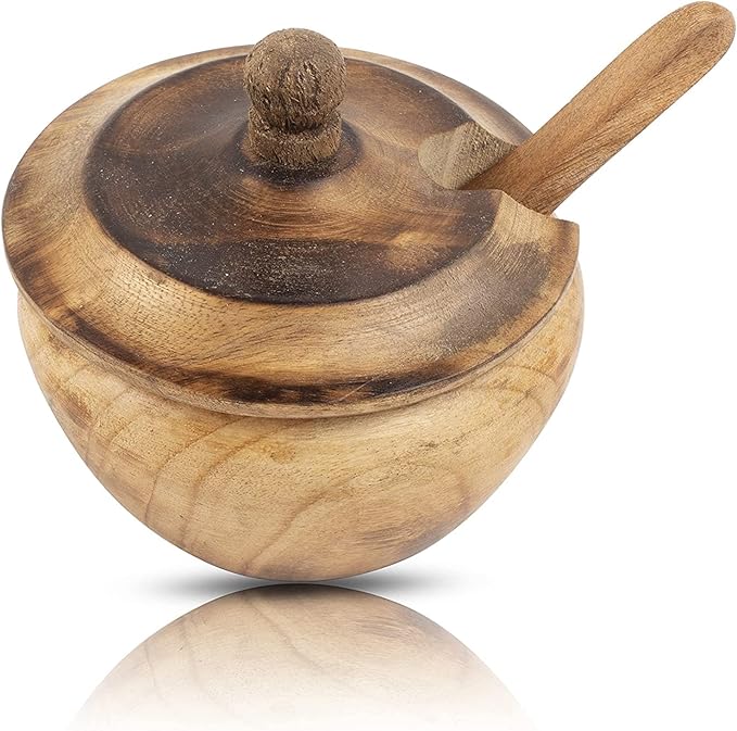 Decorative Rustic Wooden Sugar Bowl & Spoon With Lid Wide Mouth Candy Treat Jar Spice Jar Holder Condiment Nuts Serving Bowl Pot Salt Spice Herb Loose Leaf Tea Storage Container Novelty Home & Kitchen