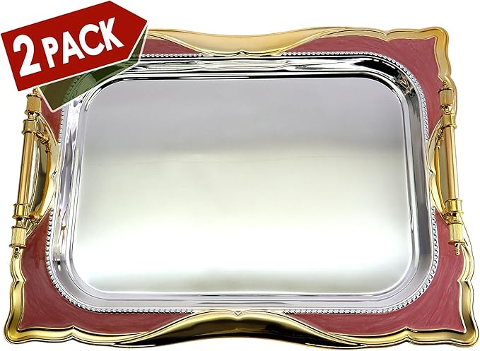 (Pack of 2) 20.1 inch x 15.4 inch Rectangular Floral Shape Decorative Style Chrome Plated Silver Serving Tray with Handles Floral Engraved Iron Gold Red Edge Party Platter TTL-024