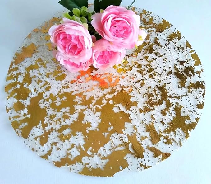 Disposable Gold Placemats Set of 12 Metallic Thin Round 13 Inch Gold Doilies Mesh Pressed Fall Table Placemates 12 Pack Gold Charger Plates for Wedding, Birthday Party