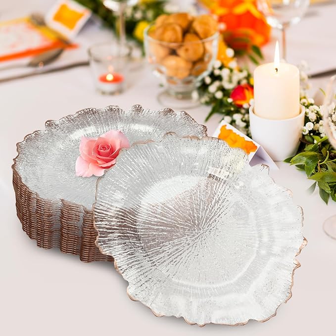 25 Pcs Reef Charger Plates Bulk Clear with Rim,Plastic Floral Charger Plates for Dinner Wedding Service Table Plate for Parties 13 inch(25pcs-Pink-2)
