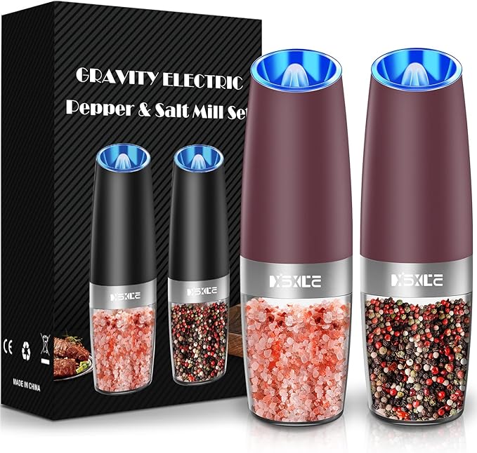 XinXu Gravity Electric Pepper Grinder, Salt or Pepper Mills & Adjustable Coarseness, with LED Light, One Hand Automatic Operation -Set/RoseRed