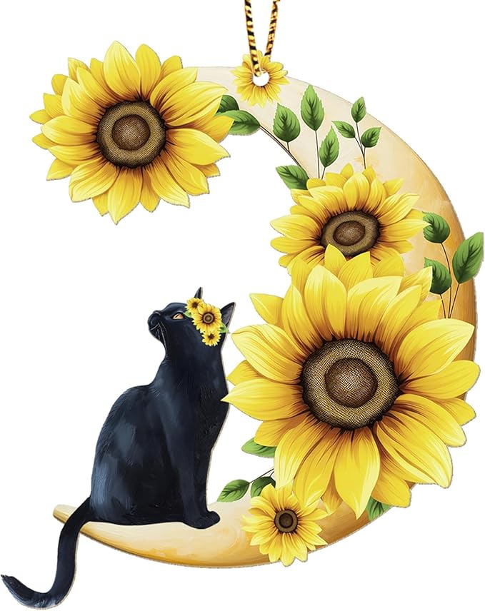 34HD Black Cat Christmas Ornament 2025 – Wooden Hanging Xmas Tree Ornament Decoration, Cute Christmas Keepsake Gifts and Home Decor with Sunflower Design for Cat Lovers and Garden Fans