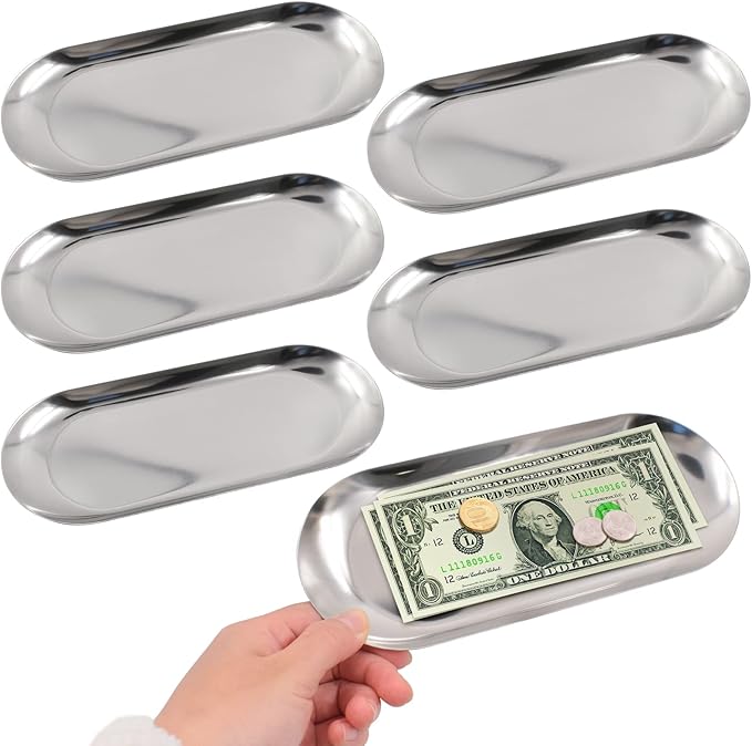 6 PCS Tip Trays Metal Restaurant Service Plate Oval Organizer Dish Guest Bill Holder Supplies Check Presenters Accessories Decoration Container for Coffee Bar Kitchen Home (Silver)