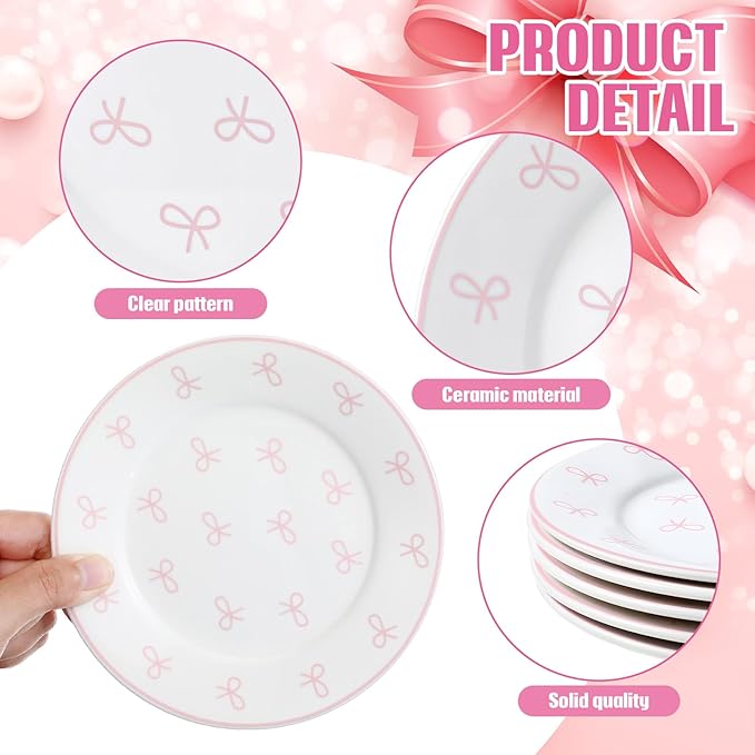 Honeydak 6 Pcs 6 Inch Pink Bow Ceramic Plates Coquette Bachelorette Tableware Decorations Pink Dinner Appetizer Dessert Dishes for Bow Theme Tableware Party Supplies for Birthday Party Table Decor