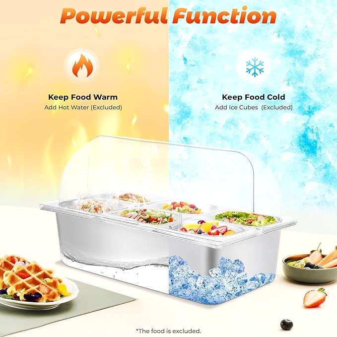 Countertop Food Serving Display, 6 Pans Food Serving Tray Stainless Steel Ice Food Serving Display Tray with Lid for Restaurants and Hotels 21 x 13 x 13 Inch