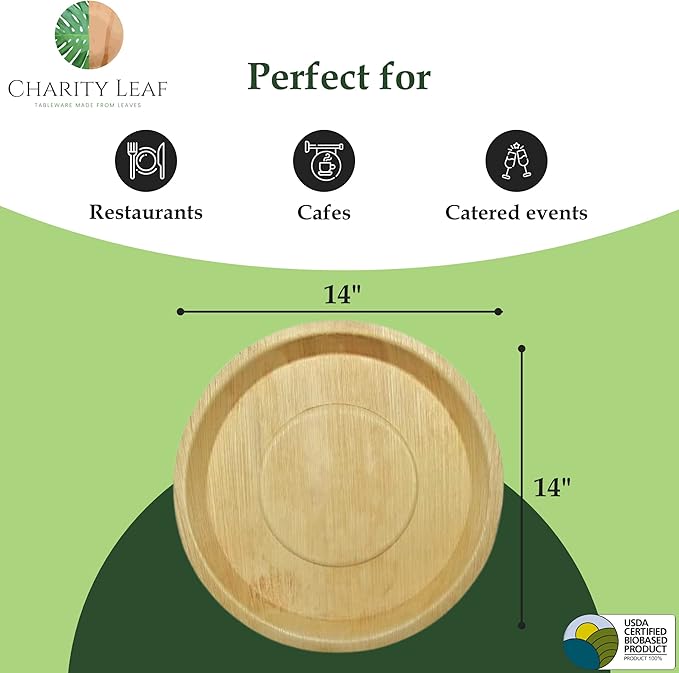 Charity Leaf Disposable Palm Leaf 14" Round Trays (100 pieces) Bamboo Like Serving Platters, Disposable Boards, Eco-Friendly Dinnerware For Weddings, Catering, Events