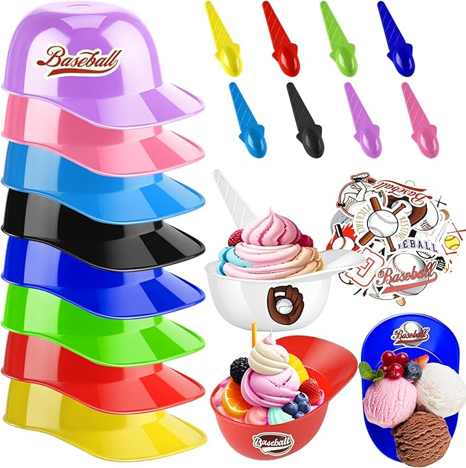 MEEZY 16 Set Baseball Helmet Ice Cream Bowls with 8 Mini Dessert Cups and 8 Spoons, 8oz Reusable Baseball Cap Snack Dessert Cup Bowls Baseball Party Favors for Sports Birthday Party Supplies