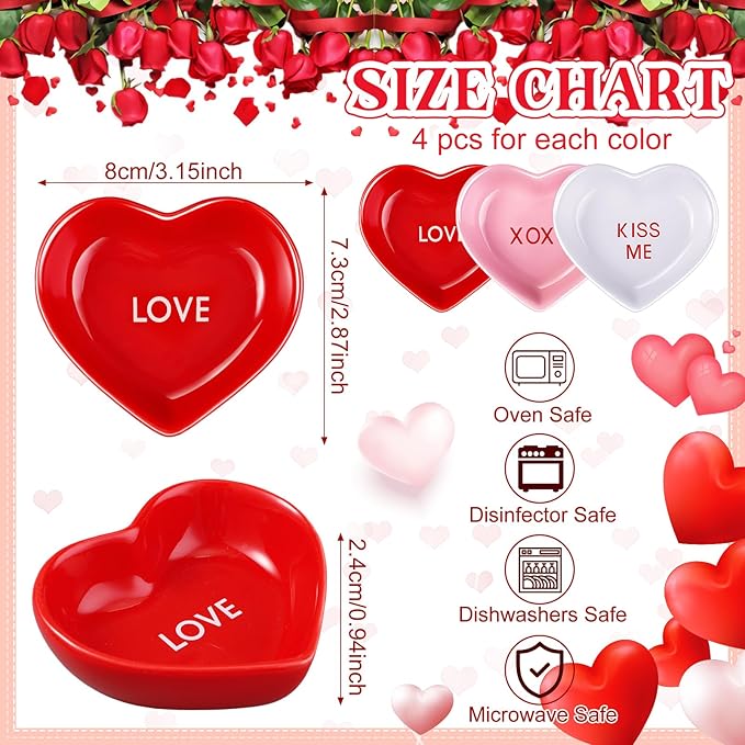 Hushee 12 Pcs Valentine's Day Heart Shaped Bowl Ceramic Candy Dish Multipurpose Salad Appetizer Dipping Sauce Heart Plates for Anniversary Wedding Party(Love,Red, White, Pink)