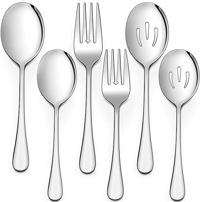 LIANYU 6-Piece Serving Spoons and Forks, 8 3/4 Inch Stainless Steel Buffet Catering Party Banquet Serving Spoon Fork Set, Mirror Finished, Dishwasher Safe