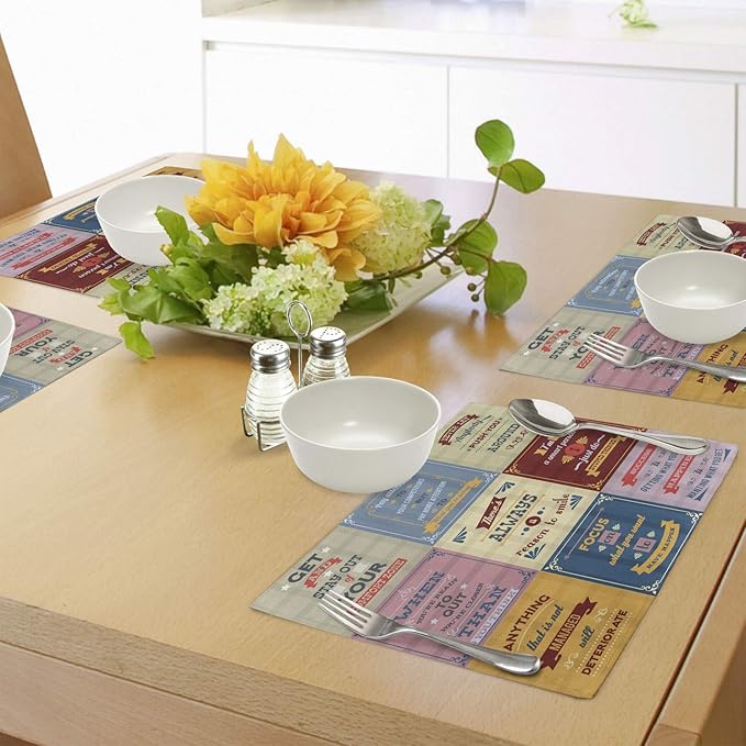 Ambesonne Saying Place Mats Set of 4, Words Pattern Success with Positive Attitude Themed Art Print, Washable Fabric Placemats for Dining Table, Standard Size, Yellow Pink