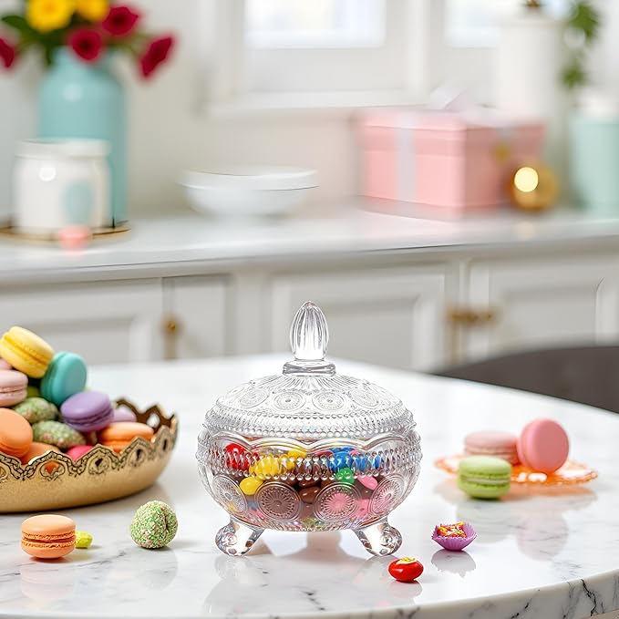 Glass Candy Dish with Lids Crystal Candy Jar Home Decorative Covered Glass Jar Wedding Buffet Jewelry Box 10 oz Cookie Jar Biscuit Containers for Snacks Office Desk Party Coffee Beans (Coastal)