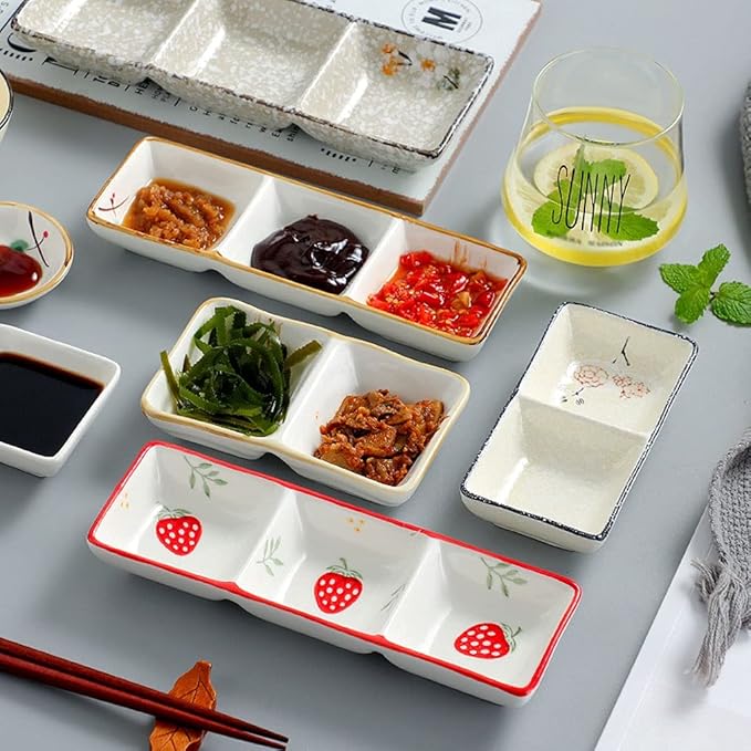 Ceramic cutlery salad bowl Soy Sauce Dish Ceramic Appetizer Plates Serving Tray Rectangular Divided Sauce Dishes for Sushi Ketchup Dessert Appetizer Seasoning Dishes(2 Compartment) smal