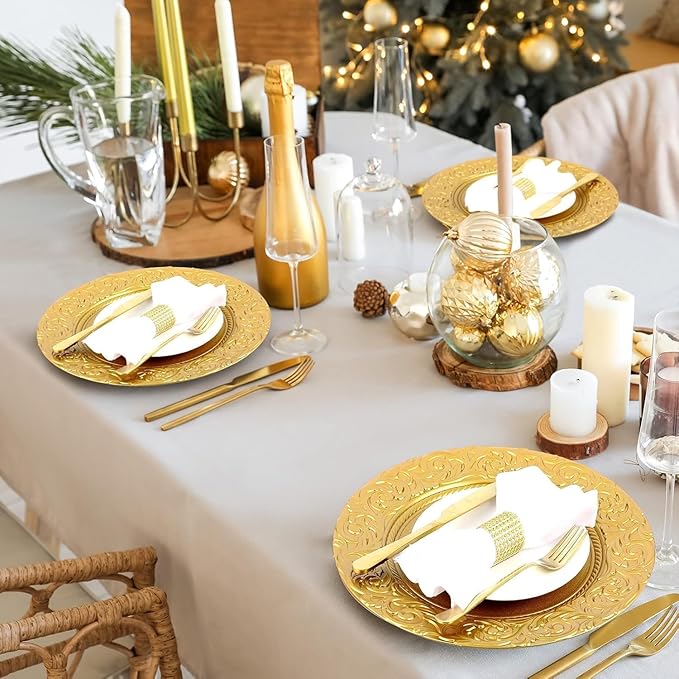 100 Pcs Antique Charger Plates Bulk Gold Round Plastic Dinner Plate Embossed Rim Server Plate Decorative Chargers Floral Plates for Dinner Parties Wedding Christmas,13 Inch (Gold-100PCS)