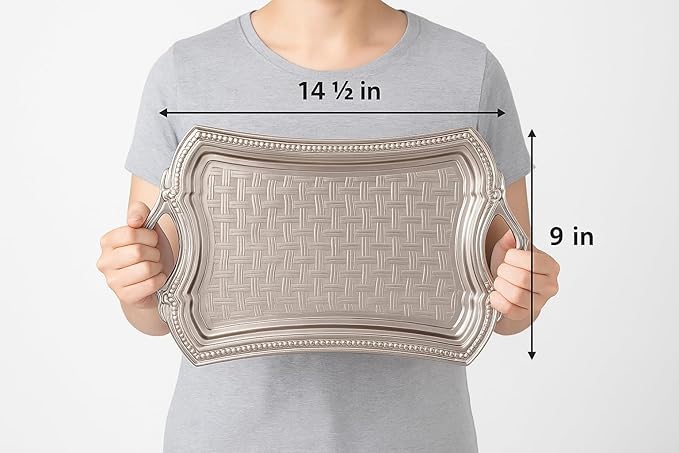 Alisveristime 2-Person Rectangular Metal Serving Tray – Ottoman Motif, (14.6" x 9", 13.1 oz) (Silver)