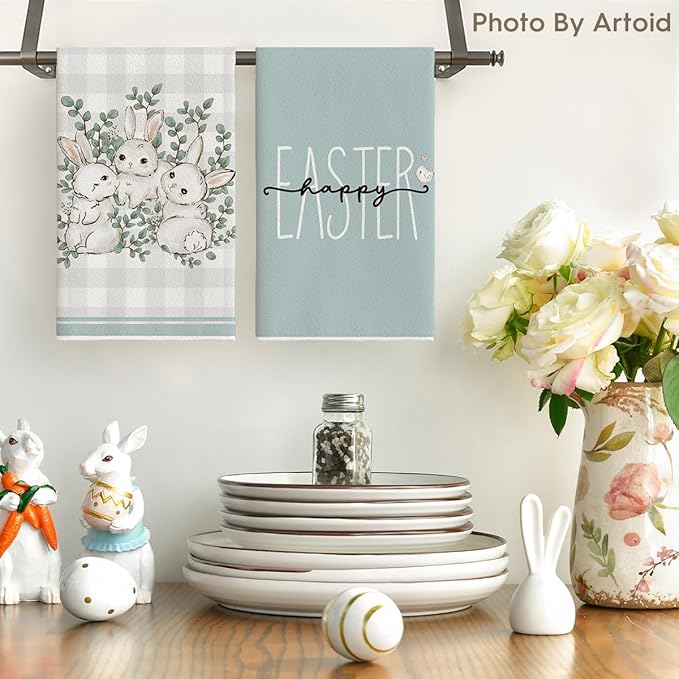 Artoid Mode Buffalo Plaid Bunny Rabbit Eucalyptus Leaves Happy Easter Kitchen Towels Dish Towels, 18x26 Inch Seasonal Spring Decoration Hand Towels Set of 4
