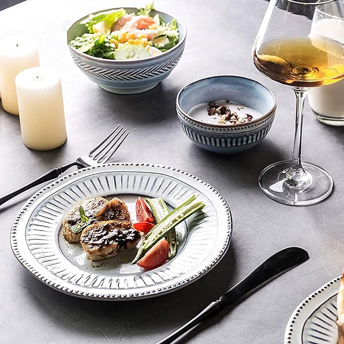 Dinner Plate Stylish Dinner Set for Restaurant and Home, Ceramics Dinner Sets, 16 Pieces Relief Craft Porcelain Dinnerware Set | Retro Blue and White Cereal Bowl Steak Plate and So
