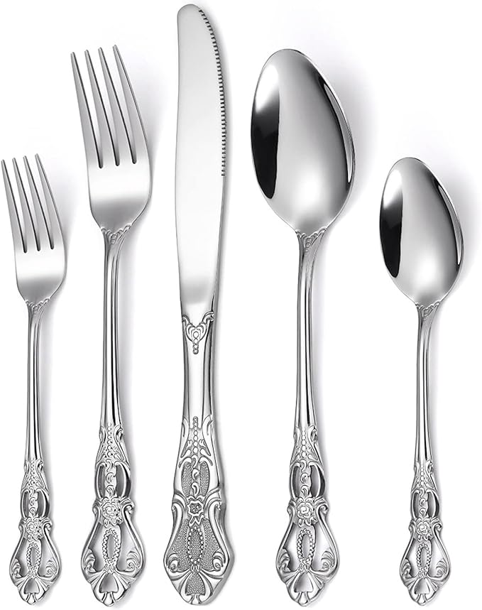 Vilihkc Gorgeous Retro Royal Stainless Steel 5 Pieces Flatware Set, Silverware Set, Anti-rust Stainless Steel Cutlery Set Utensils Including Fork Spoon and Knife