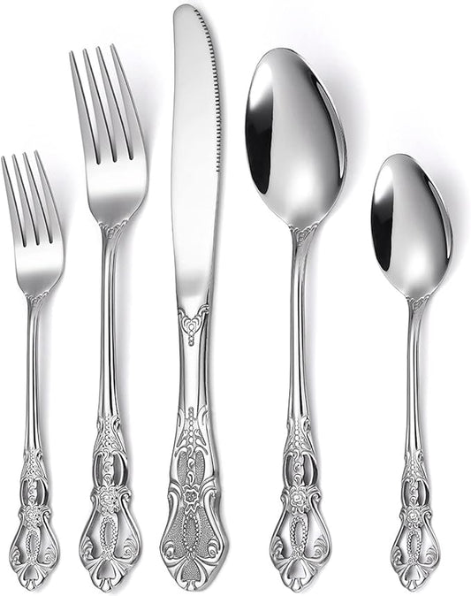 Vilihkc Gorgeous Retro Royal Stainless Steel 5 Pieces Flatware Set, Silverware Set, Anti-rust Stainless Steel Cutlery Set Utensils Including Fork Spoon and Knife