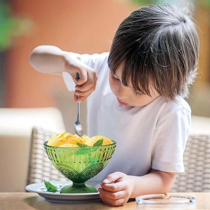 6PCs Set Small Cute Footed Embossed Glass Dessert Bowls for Dessert, Sundae, Ice Cream, Fruit, Salad, Snack, Cocktail, Condiment 7.44oz with 6 Pcs Flower Spoons