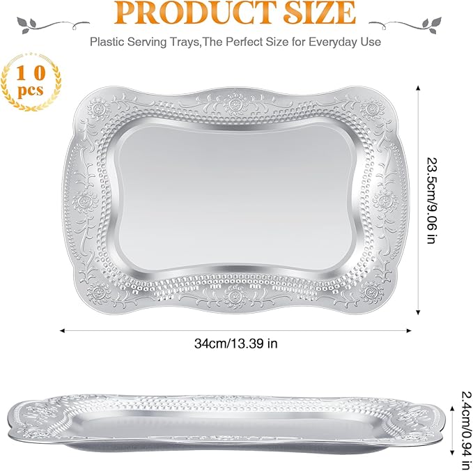 Layhit 10 Pcs Plastic Serving Trays 13" x 9" Rectangle Platters for Dessert Display Tray for Decoration Embossed Serving Platter Dish for Parties, Weddings, Engagements, Birthdays (Silver)