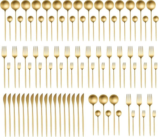 90 Pieces Gold Flatware Set, gold utensils set crafted from 410 and 420 stainless steel, gold cutlery set Include Knife Fork Spoon Set Tea Spoons Salad Forks Ideal for Kitchen Home Restaurant Wedding