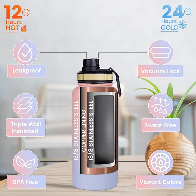 Lexlion Tea Infuser Water Bottle 32 Oz – Triple Wall Insulated Stainless Steel, Loose Leaf & Fruit Strainer, 3 Leakproof Lids, BPA-Free Silicone Sleeve, Reusable Thermal Mug