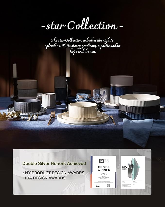 famiware Star Plates and Bowls Sets, Modern Stoneware Dinnerware Sets for 6, 18-Piece Kitchen Dish Set - Chip and Scratch Resistant, Microwave and Dishwasher Safe Tableware, Matte Dark Charcoal