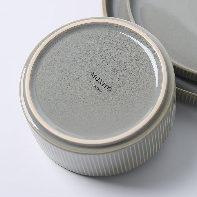 MONITO Ceramic Dinnerware Sets for 6, 18PCS Stoneware Plates and Bowls Sets, Reactive Glaze Dish Set, Chip and Scratch Resistant Double, Microwave and Dishwasher Safe, Sage Mist