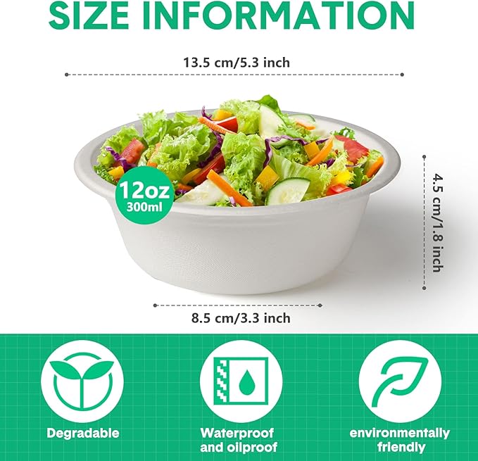 300 Pack Disposable Paper Bowls Quality White Bowls Small Sugar Cane Fibers Party for Ice Cream Fruits Salad Soup Hot or Cold Use Catering Picnics Camping and Restaurant Supplies(12 oz)