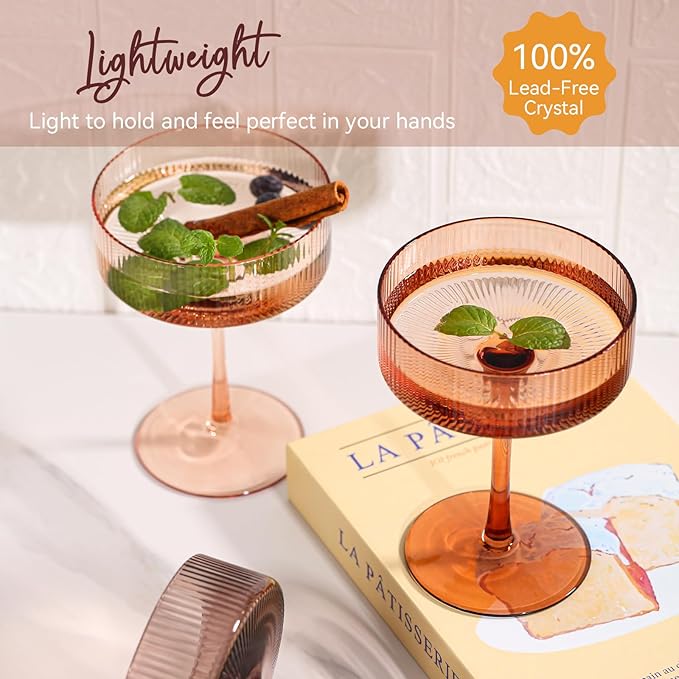 Cyrelwing 9 oz Brown Coupe glasses Set of 6-Hand Blown Venus ribbed vintage coupe glasses-Brown martini glasses for espresso dessert