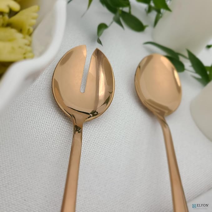 Elyon 3-Piece Copper Flatware Serving Spoons, Stainless Steel Hostess Set, Reflective Mirror Finish, Salad Servers with Complimentary Pie Pastry Server, Reusable Dishwasher Safe