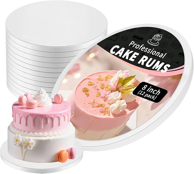 12 PCS White Cake Boards 8 Inch Cake Drums with 1/2-Inch Thick Smooth Edges for Multi Tiered Birthday Wedding Party Cakes Board. (8inch(12pack))
